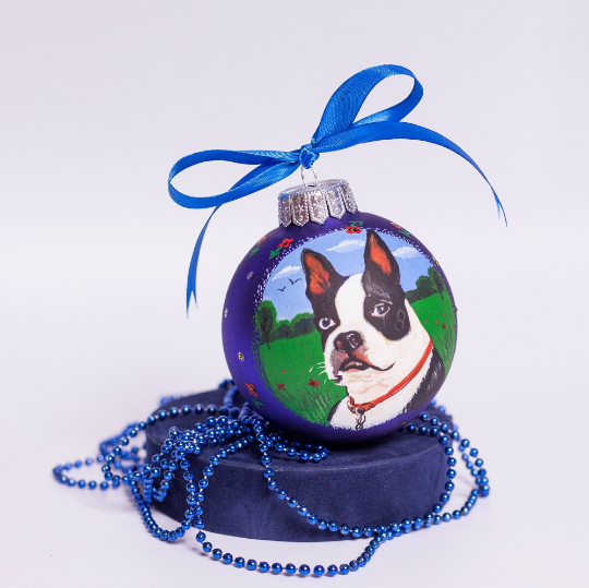 Custom Pet Portrait From Photo, Hand painted on Blue Bauble – Dog, Family Gift