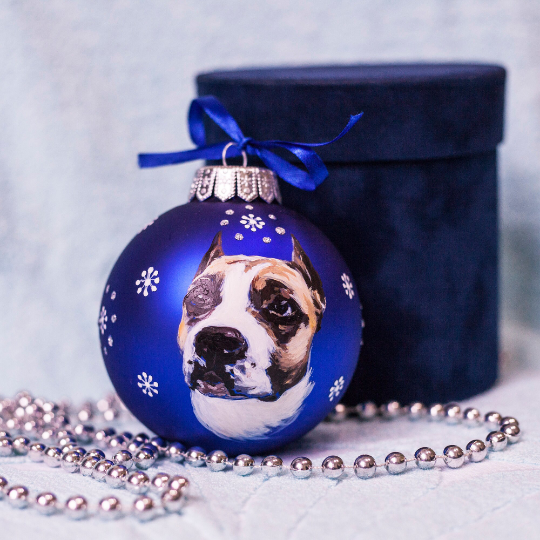 Custom Pet Portrait From Photo, Hand painted on Blue Bauble – Dog, Pet Lover Gift