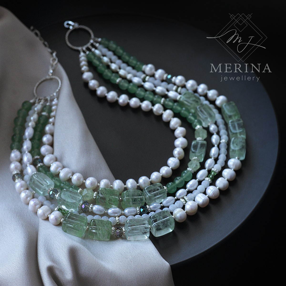 Summer coolness. Pearls, quartz multistrand necklace