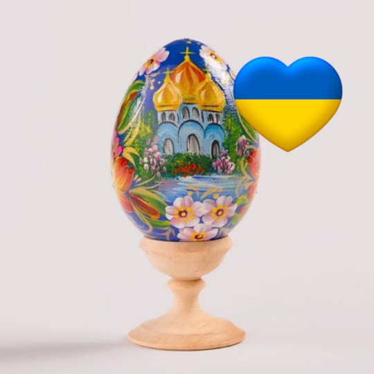 Church Floral Blue Easter Egg and Stand, Ukrainian Pysanka, Petrykivka Hand Painted