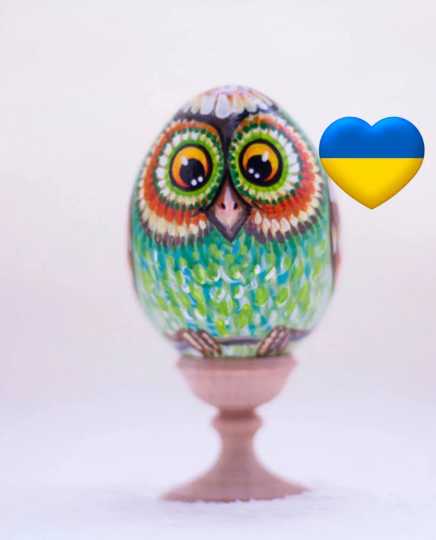 Green Owl Easter Egg and Stand, Ukrainian Pysanka, Petrykivka Hand Painted