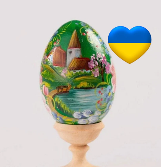 Countryside Village Easter Egg and Stand, Ukrainian Pysanka, Petrykivka Hand Painted
