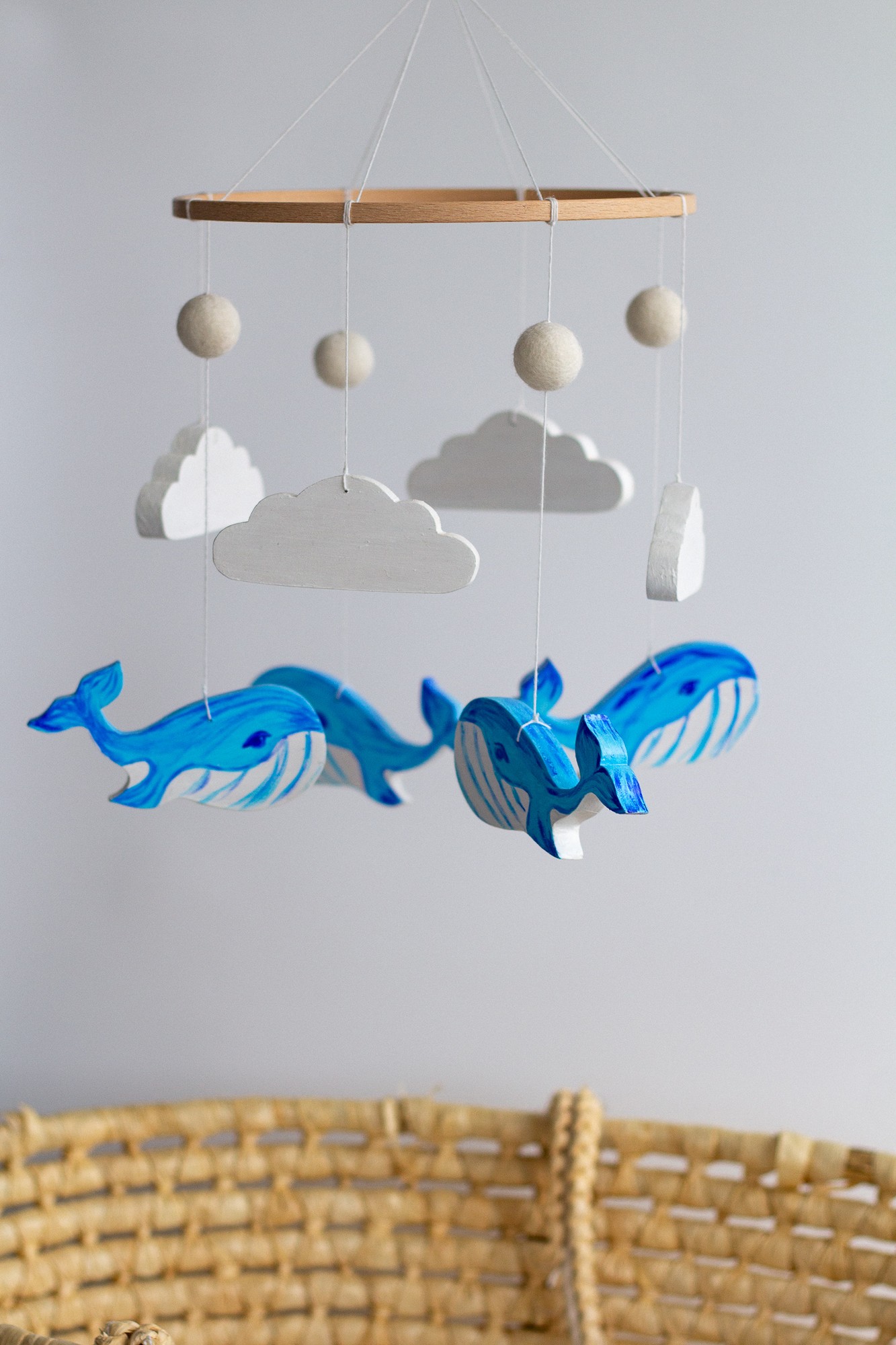 Musical baby mobile with bracket, Wooden whale mobile