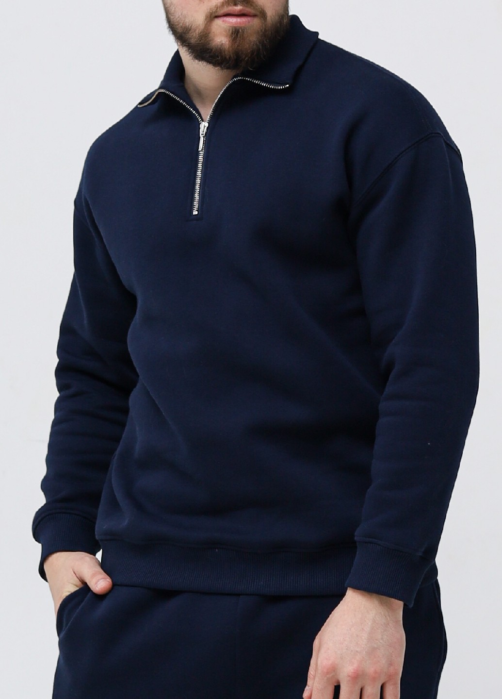 Winter Quarter-Zip cotton Sweater with fleece | Soft Pullover with collar | Dark blue color | Made in Ukraine | Rebellis