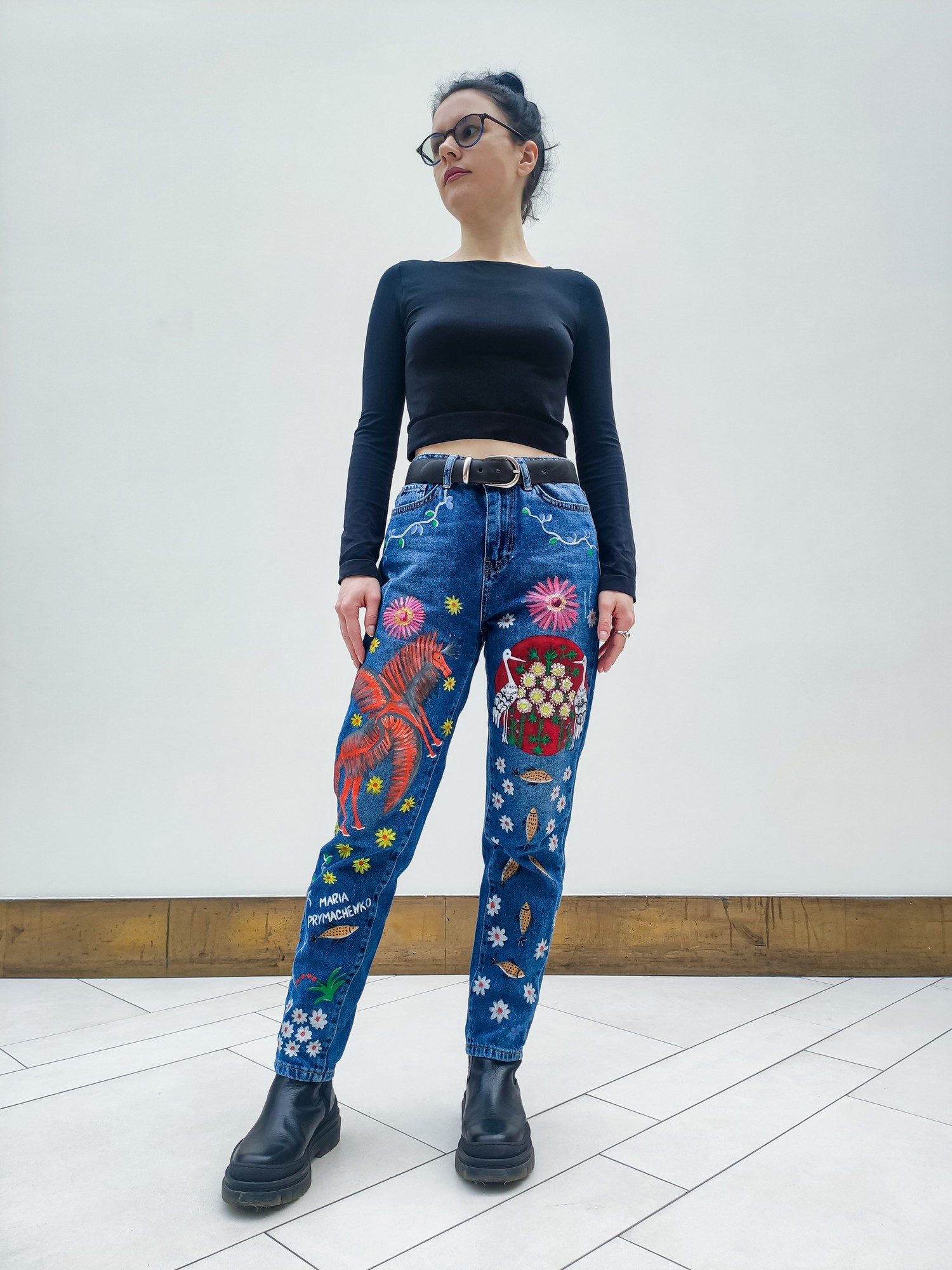 Hand-painted jeans MOM with Maria Primachenko's paintings
