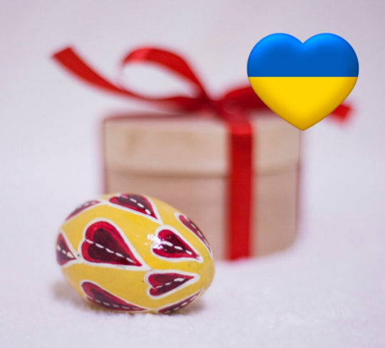 Yellow and Red Hearts Easter Egg and Stand, Ukrainian Pysanka
