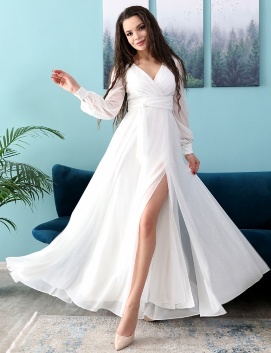 Evening shiny white floor-length dress