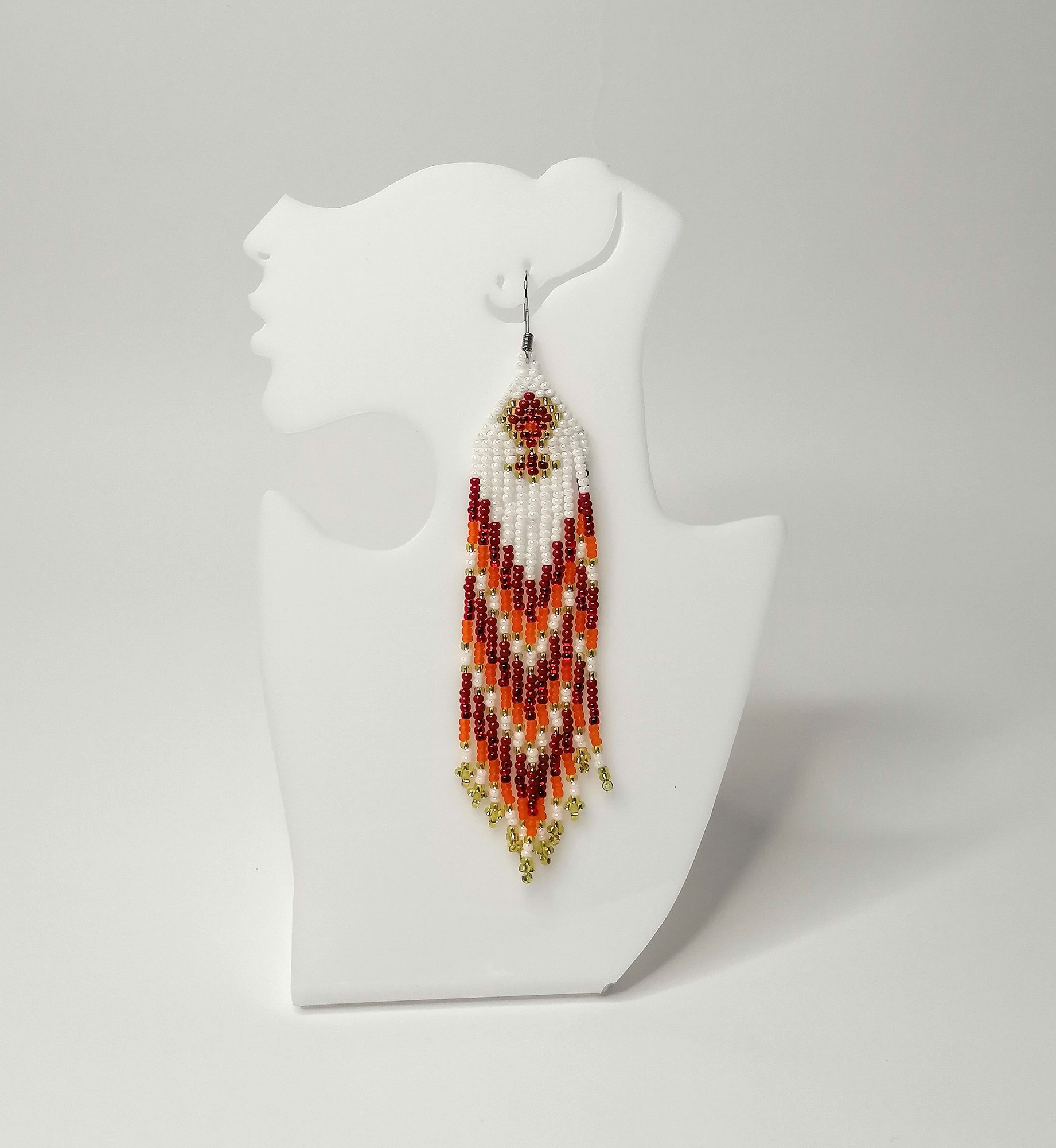 Red and White Beaded Fringe Earrings • handmade dangling jewelry
