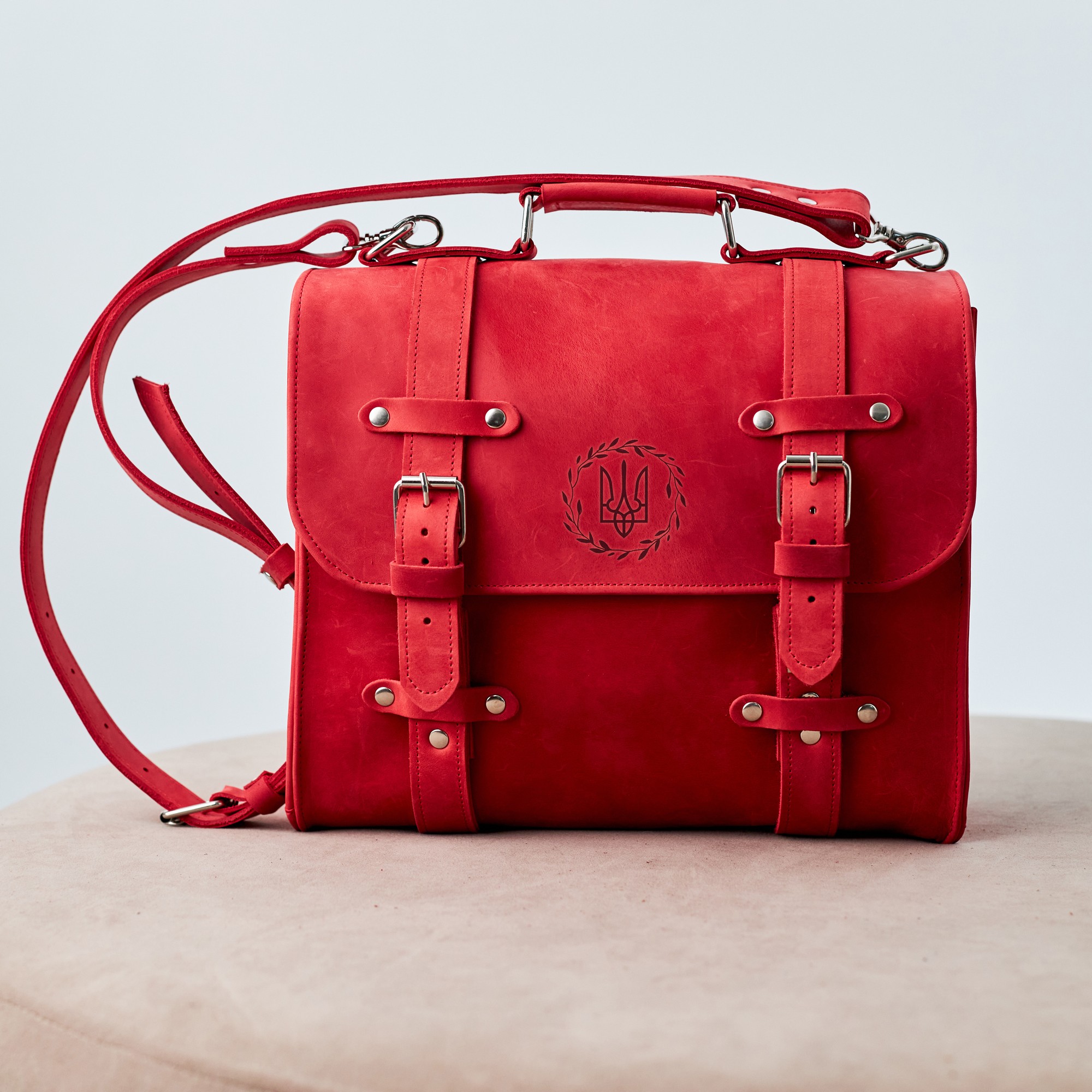 Leather red messenger bag for laptop