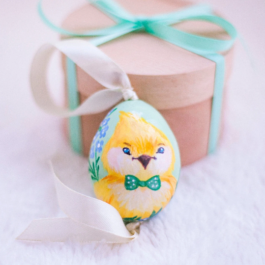 Chick (green bow-tie) Easter Egg and Stand, Ukrainian Pysanka