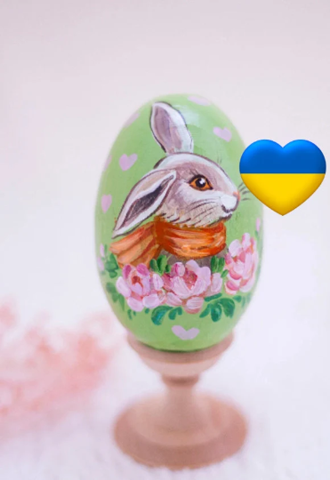 Spring Rabbit with Scarf Easter Egg and Stand, Ukrainian Pysanka