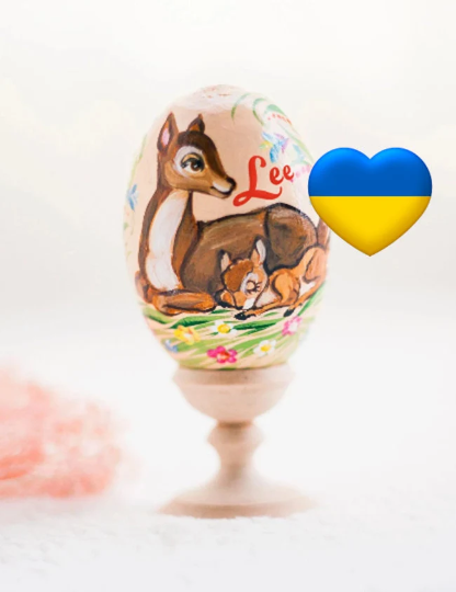 Bambi and Mom Easter Egg and Stand, Ukrainian Pysanka