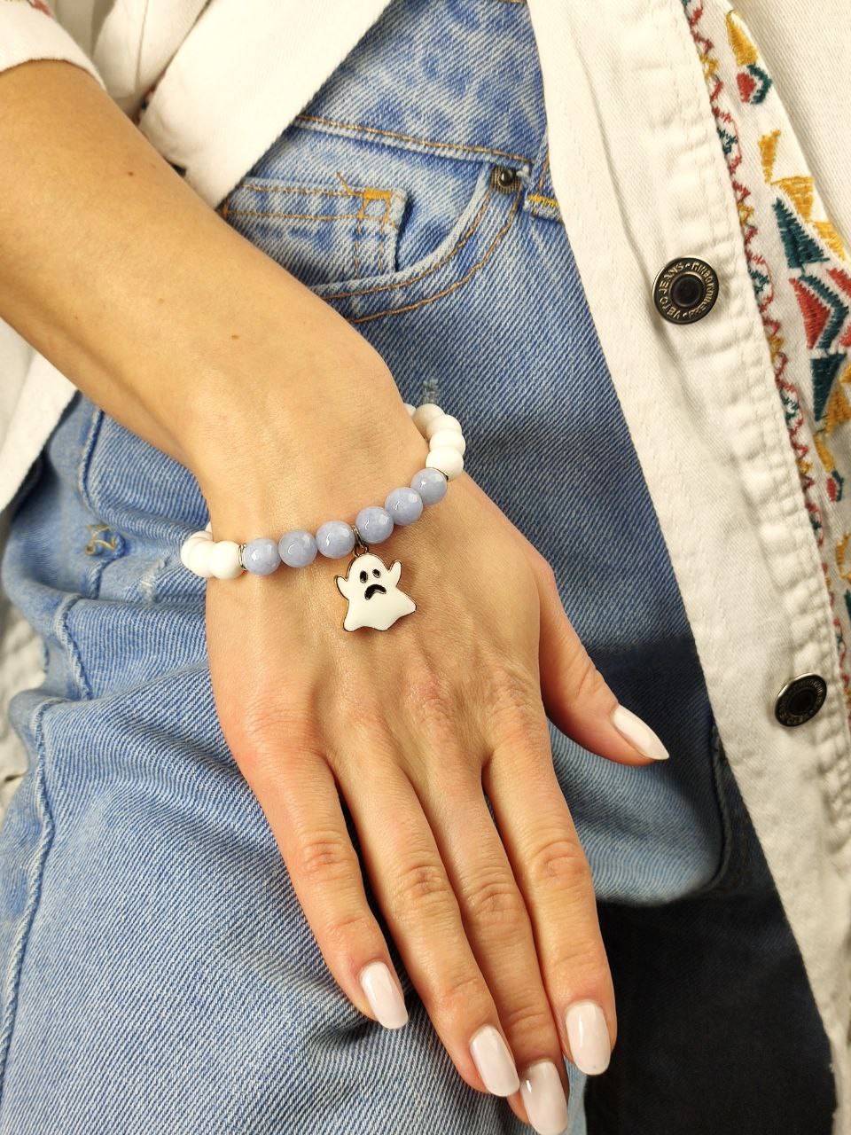 White and blue bracelet with enamel pendant "Ghost"