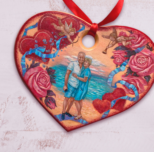 Personalized Couple Portrait on wooden heart, Anniversary Gift