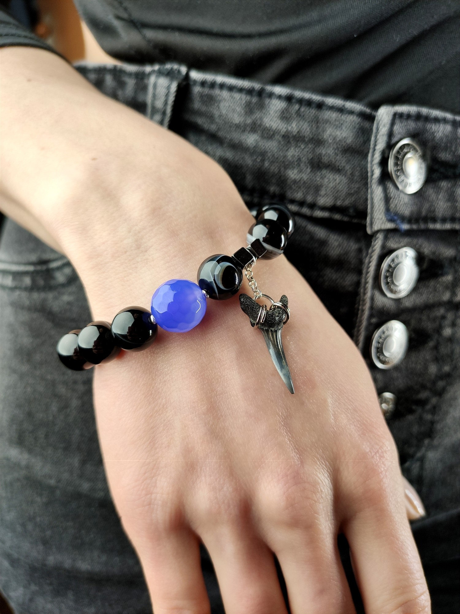 Black bracelet with natural stones and real shark tooth