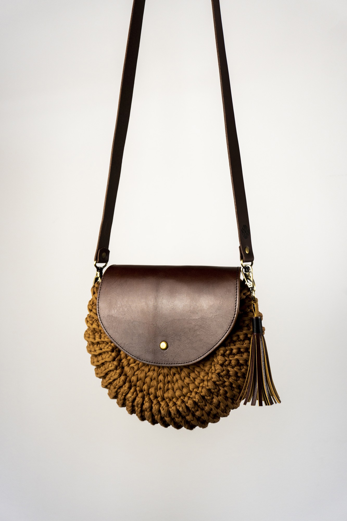 Brown Crochet Round Bag with Leather Flap