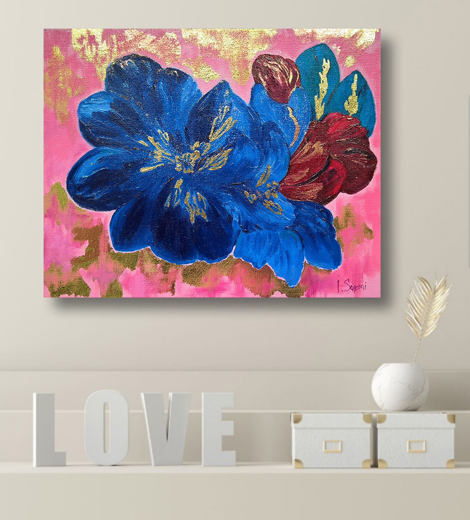 Flower oil painting. copper and gold leaf on a painting. wall art