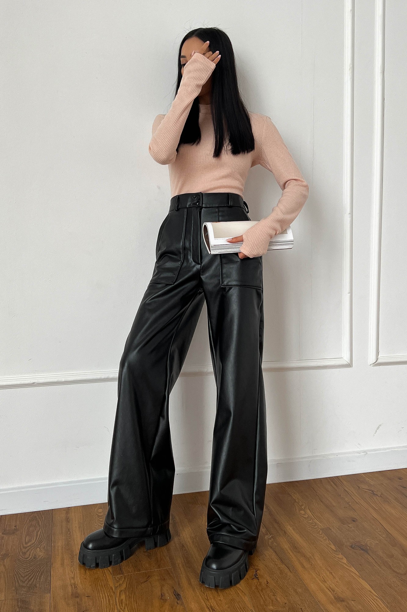 Palazzo pants made of eco leather City black