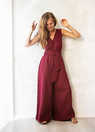 Red linen jumpsuit, boho wide leg maxi overalls, summer romper for women - 30088 from Tuba Duba donate to u24