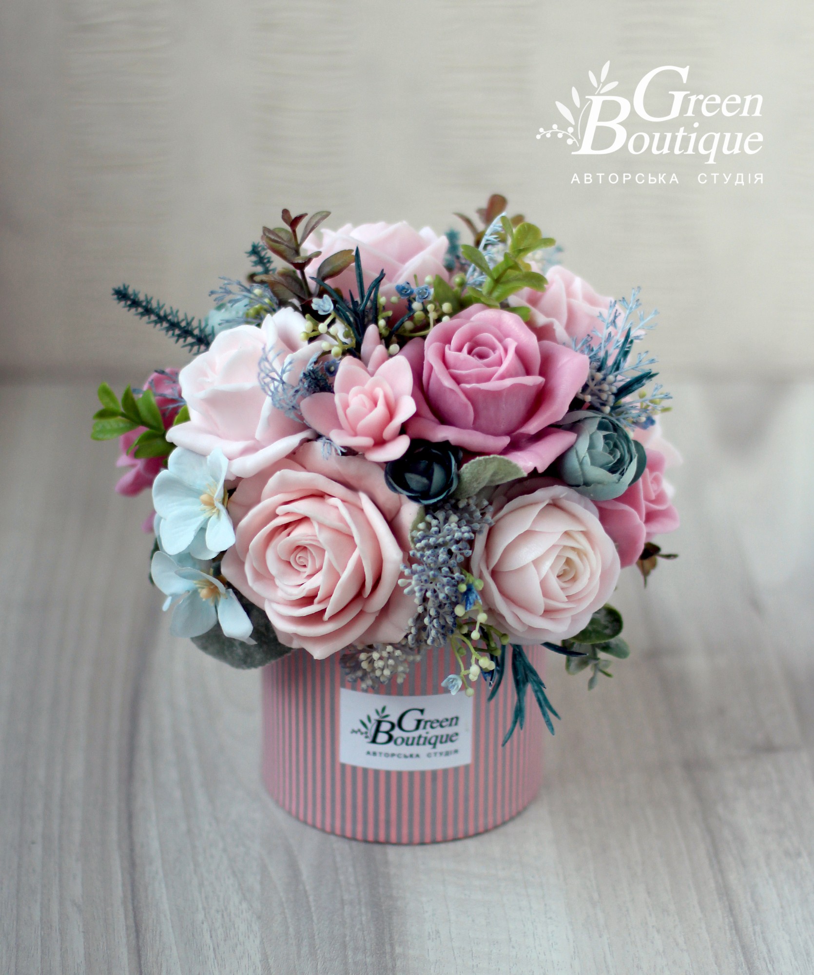 Luxurious interior bouquet of soap roses in a designer box