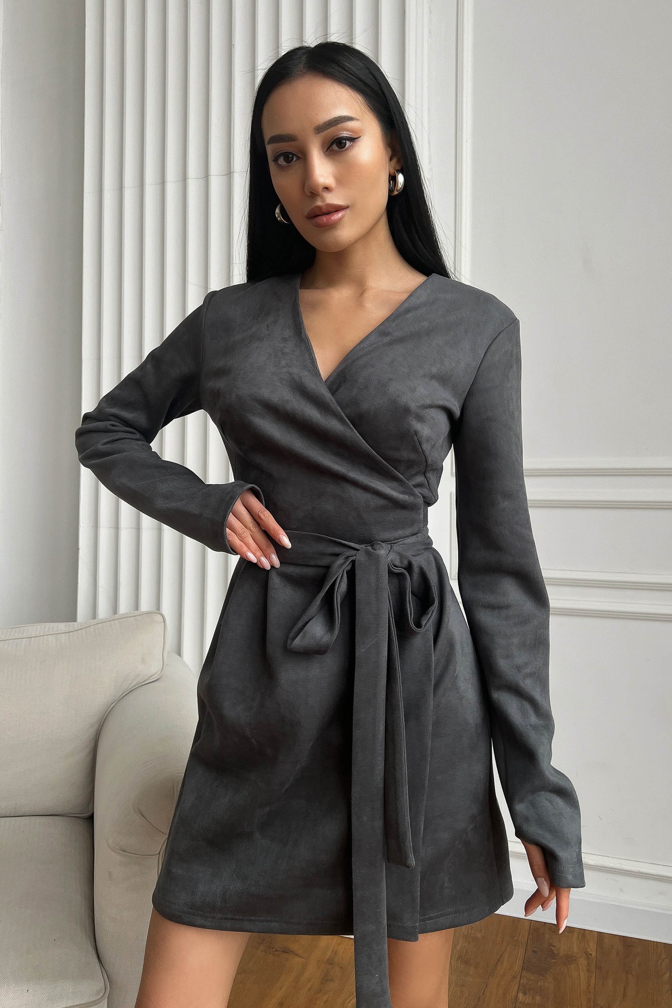 Elegant smelling dress made of artificial suede in gray color