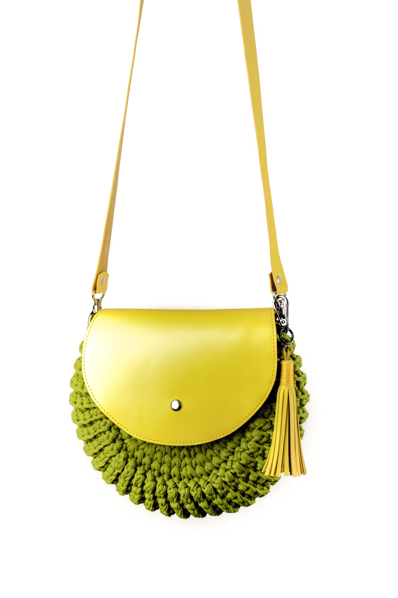 Spring Crochet Round Bag with Leather Flap
