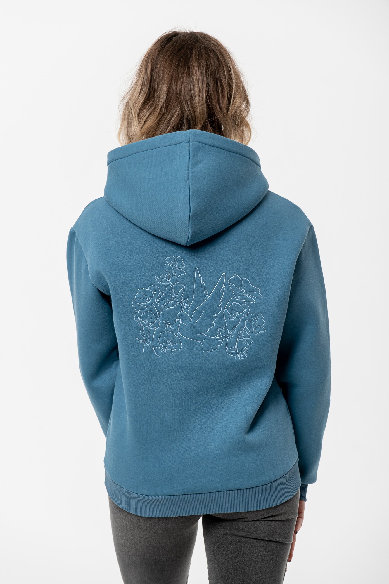 Women's hoodie with embroidery "Dove of peace" blue