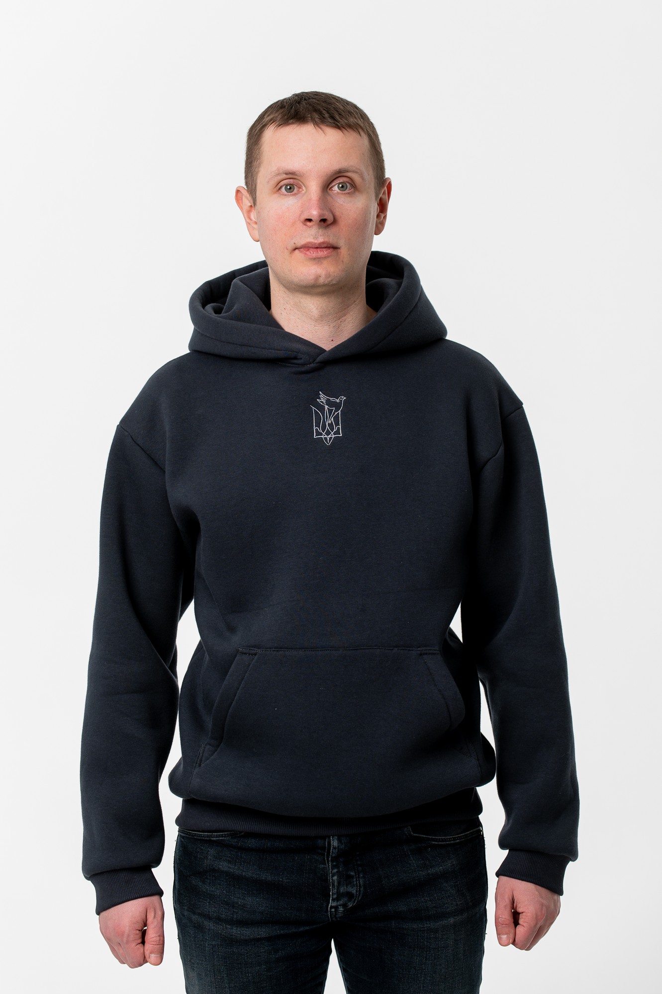 Men's hoodie with embroidery "Ukrainian trident and nightingale" graphite