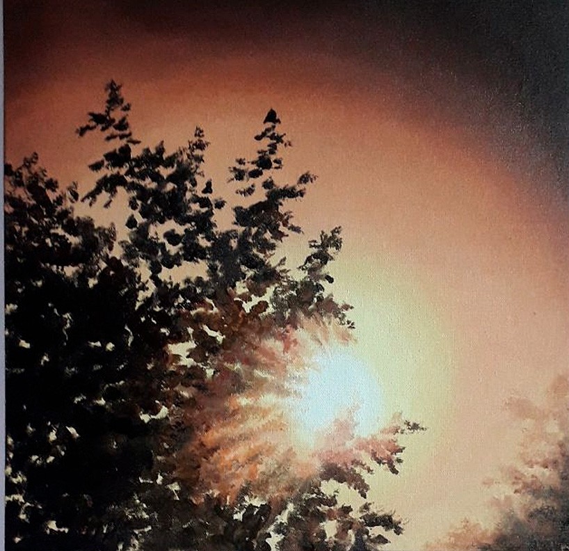 Sunset in the garden. Oil painting. Canvas on cardboard. Original