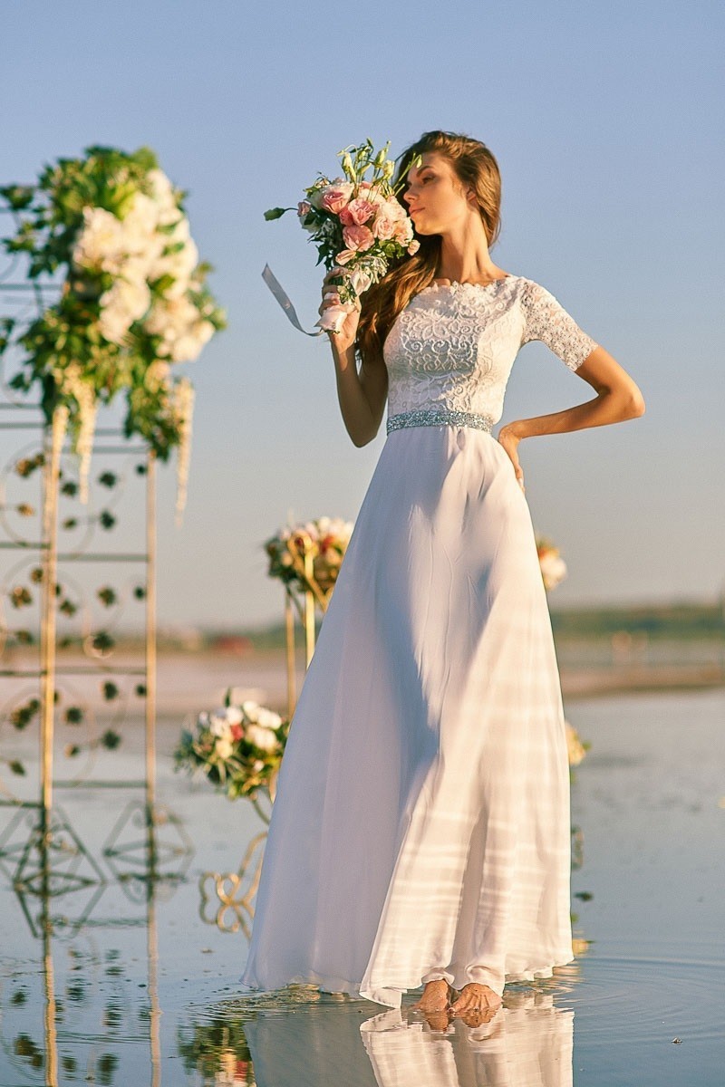 Long sleeve lace wedding dress / Wedding reception dress / Simple civil wedding dress