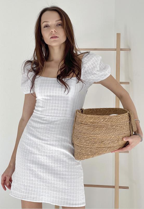 White crinkled mini dress with square neckline shtoyko