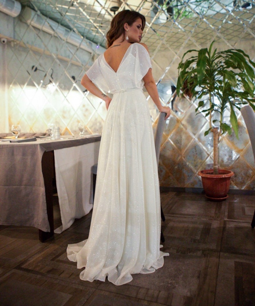 White wedding long chiffon dress / Sparkly wedding dress with short sleeve