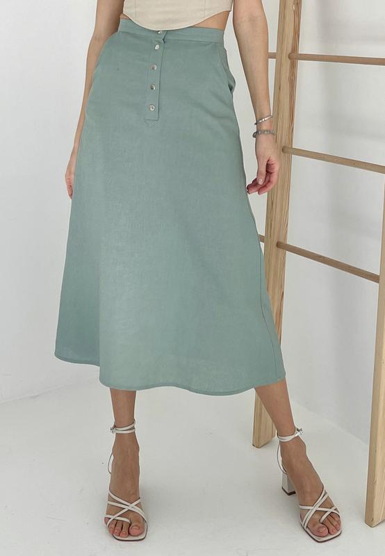 Mint linen midi a-line skirt with pockets shtoyko