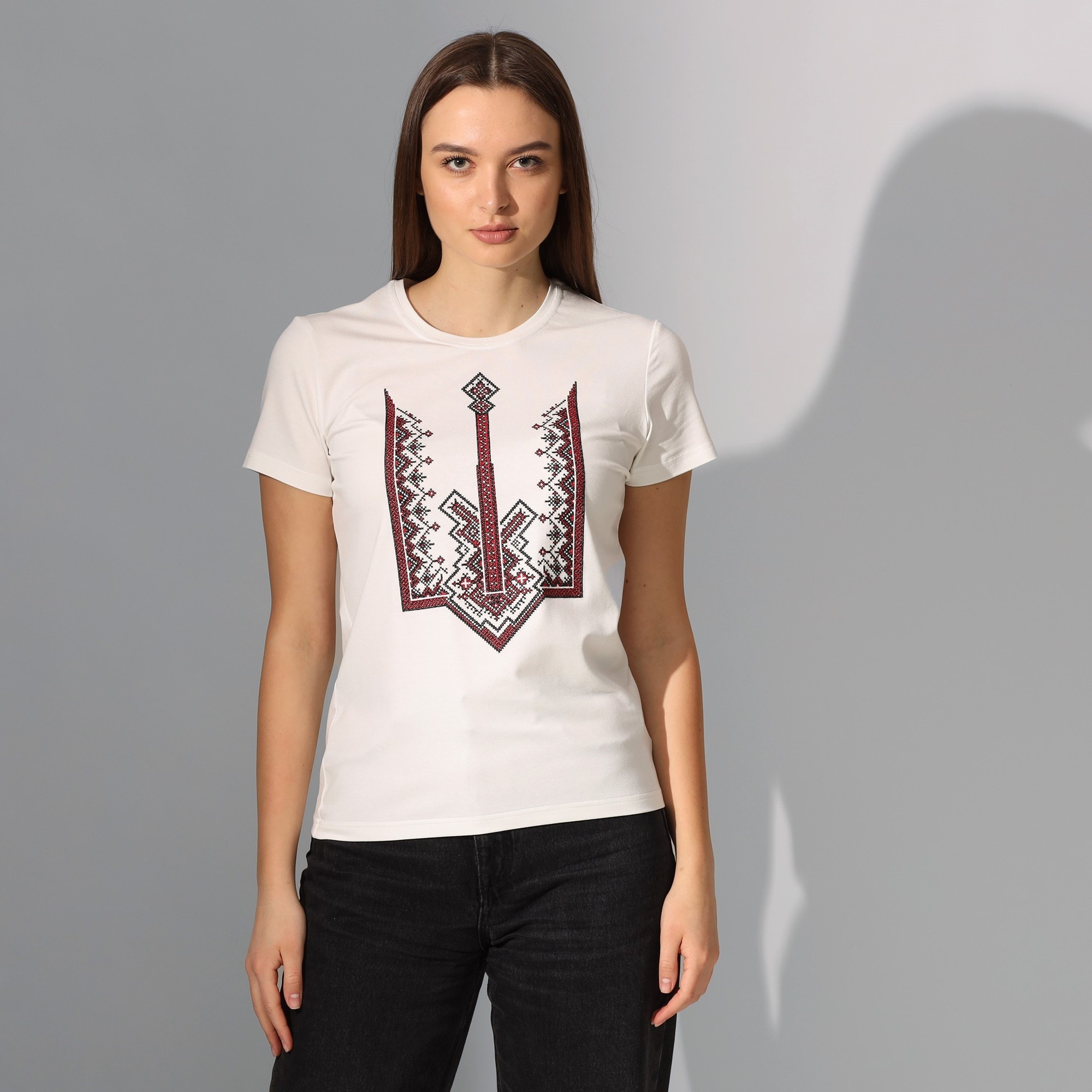 Women's t-shirt of milk colour with embroidery - "Trident with a cross