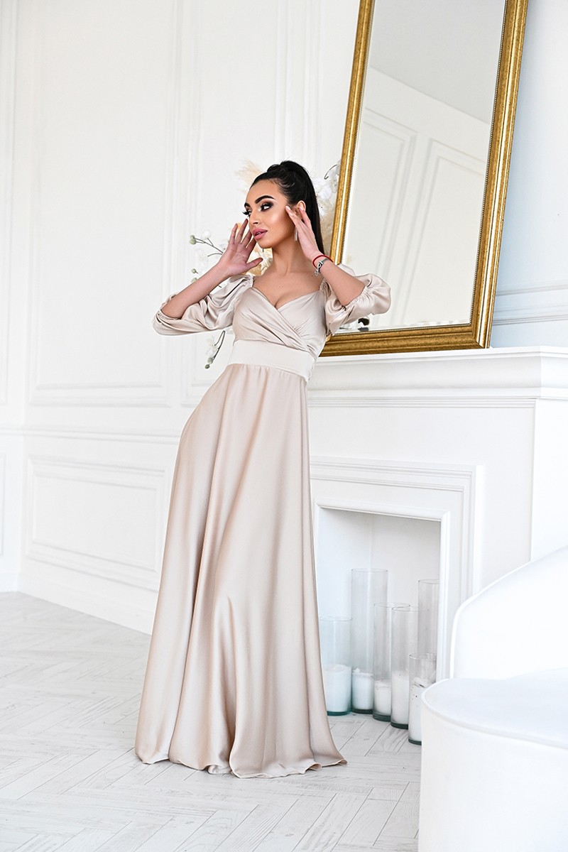 Elegant satin beige floor-length dress