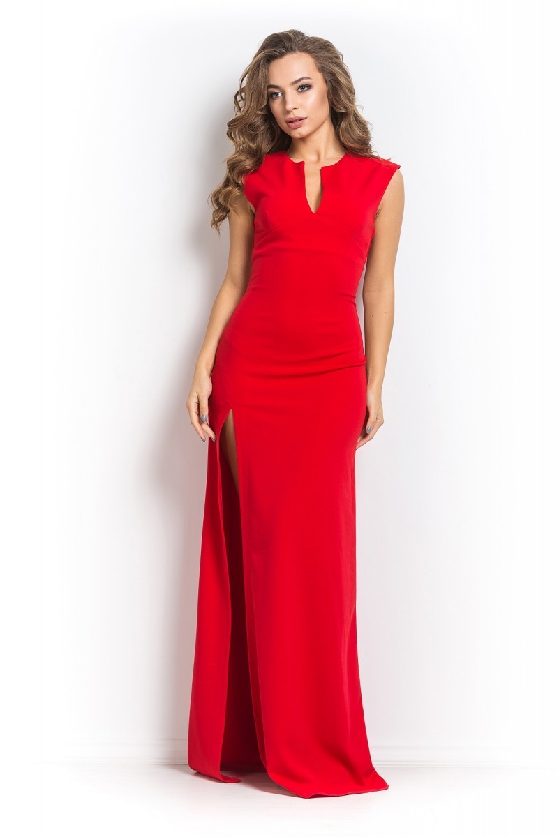 Red long dress with a cutout on the leg