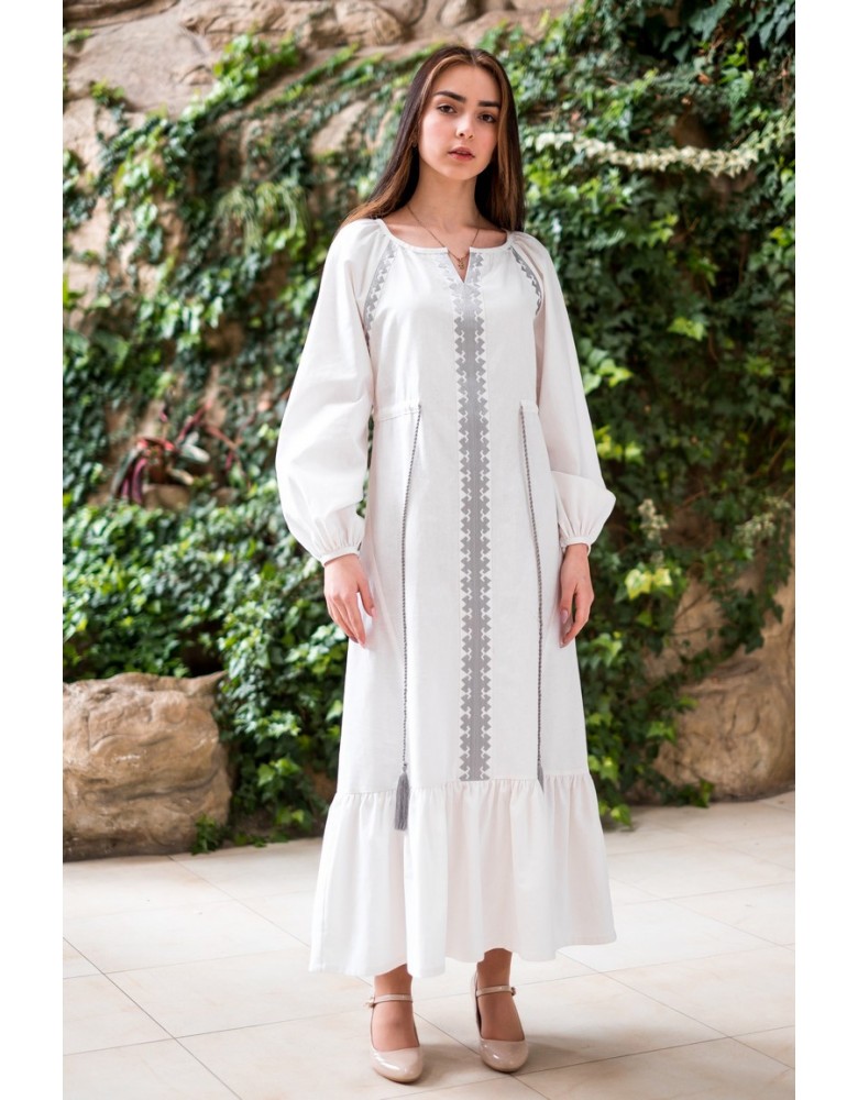 White linen dress with silver embroidery