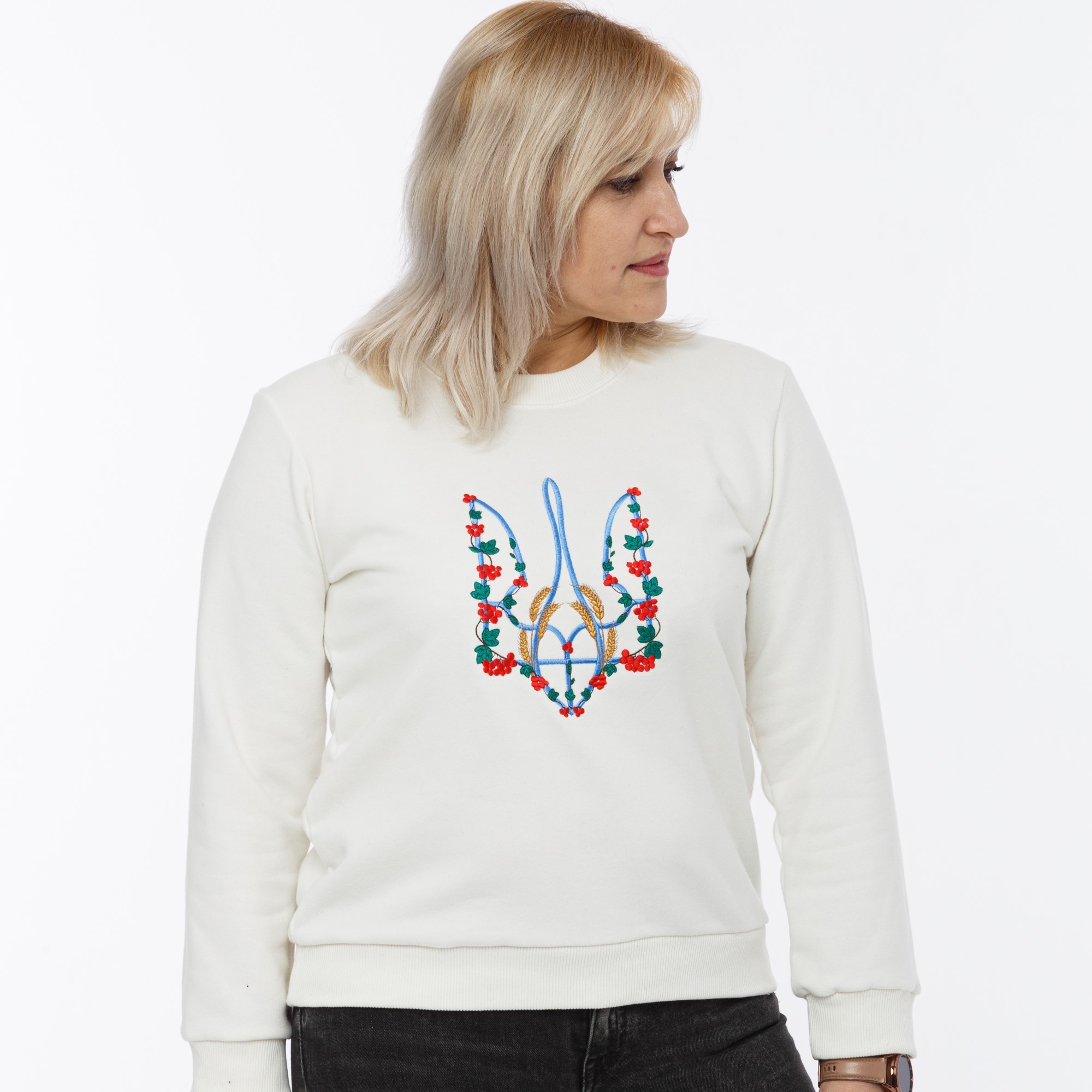 Women's sweatshirt with  "Red kalyna trident" embroidery ivory