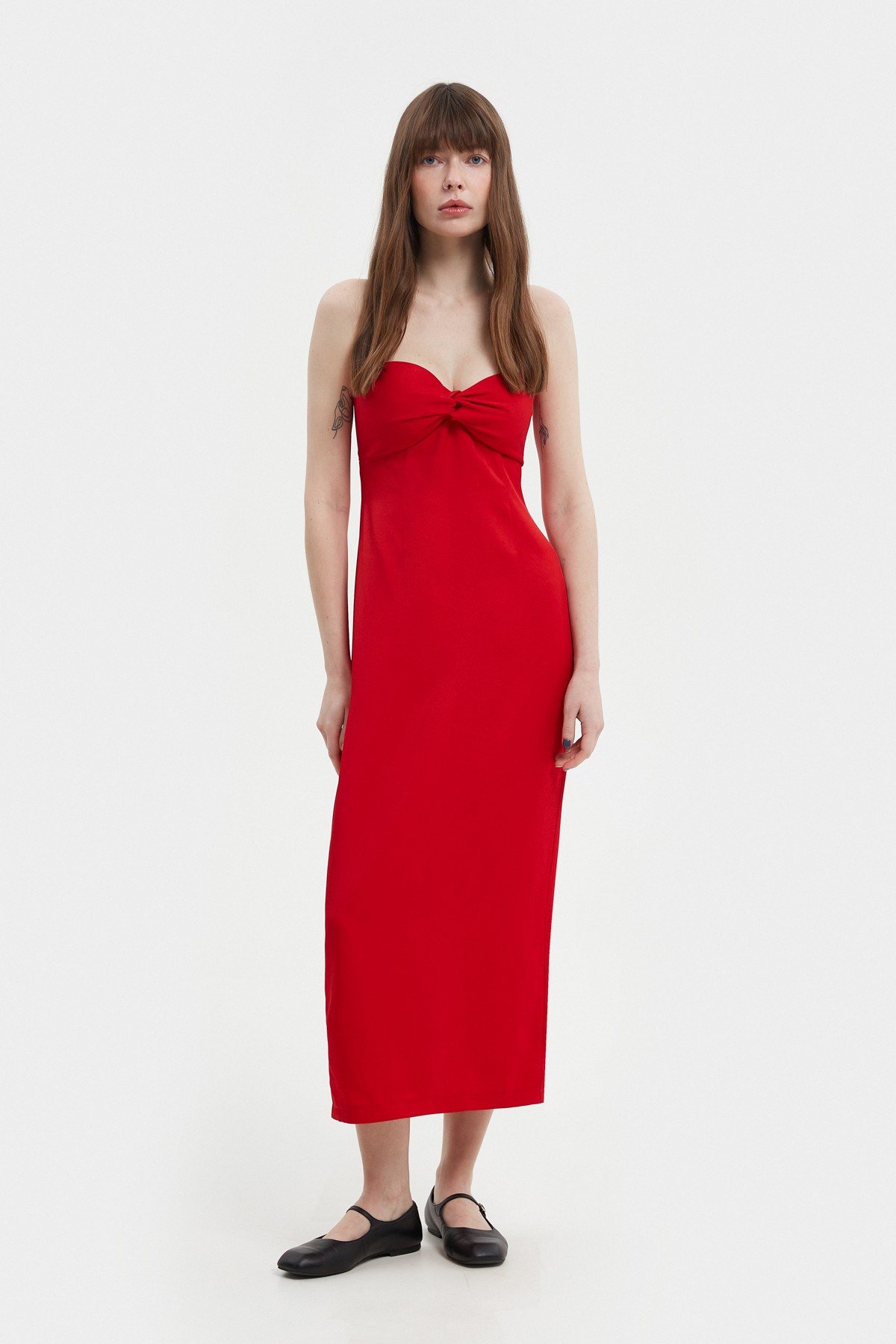 Red elongated midi bustier dress with viscose