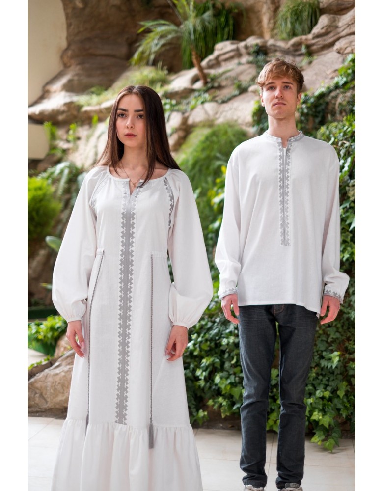 White linen collection for couples look with silver embroidery Barvinok