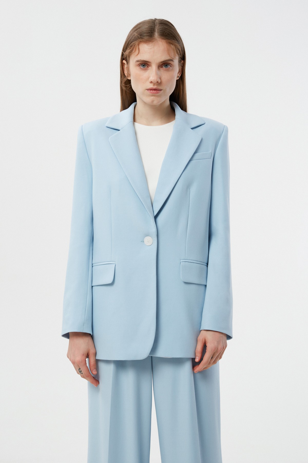 Baby blue straight jacket made of suit fabric with viscose - 31335 from ...