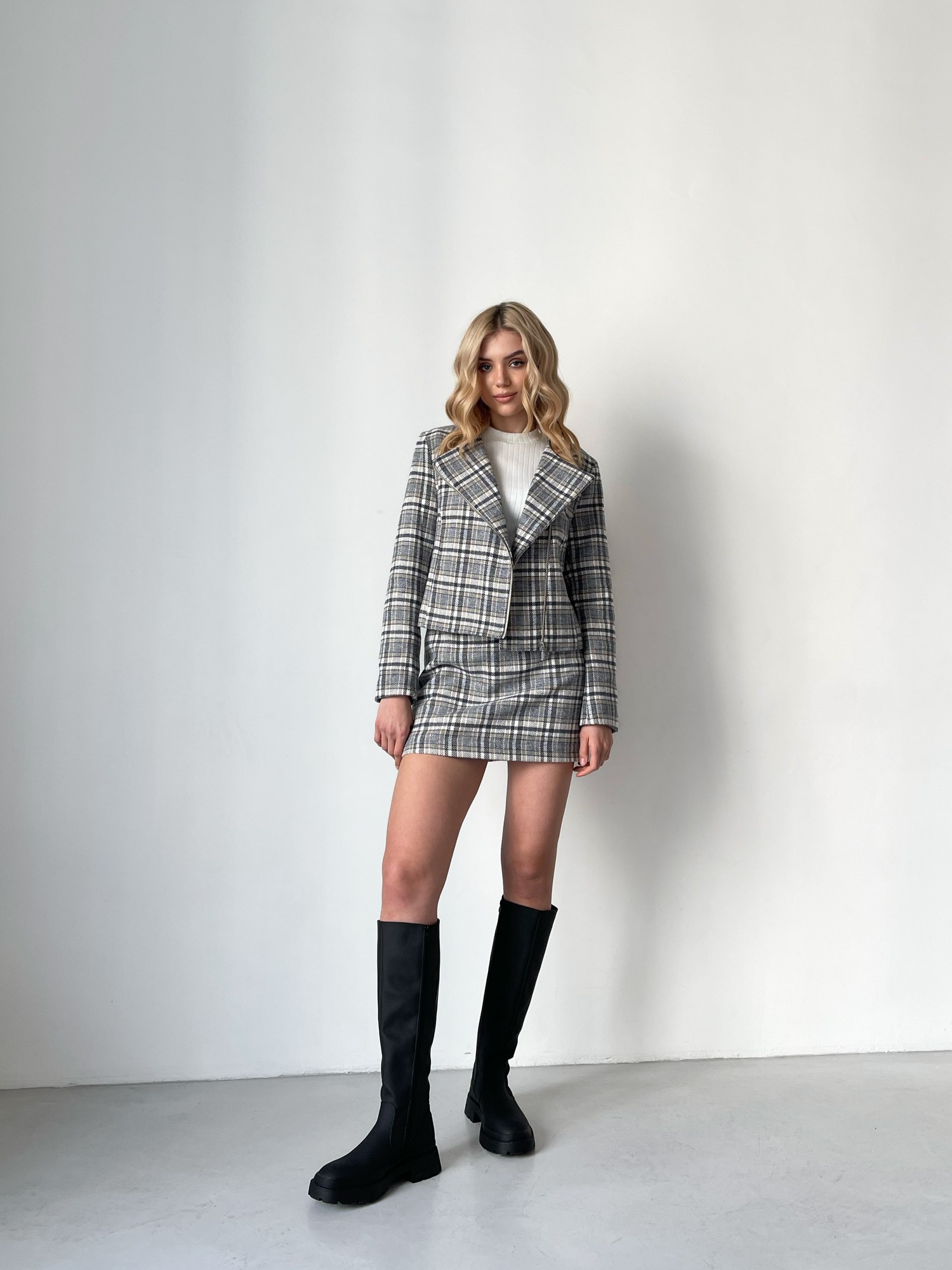 Suit jacket and short trapeze gingham skirt