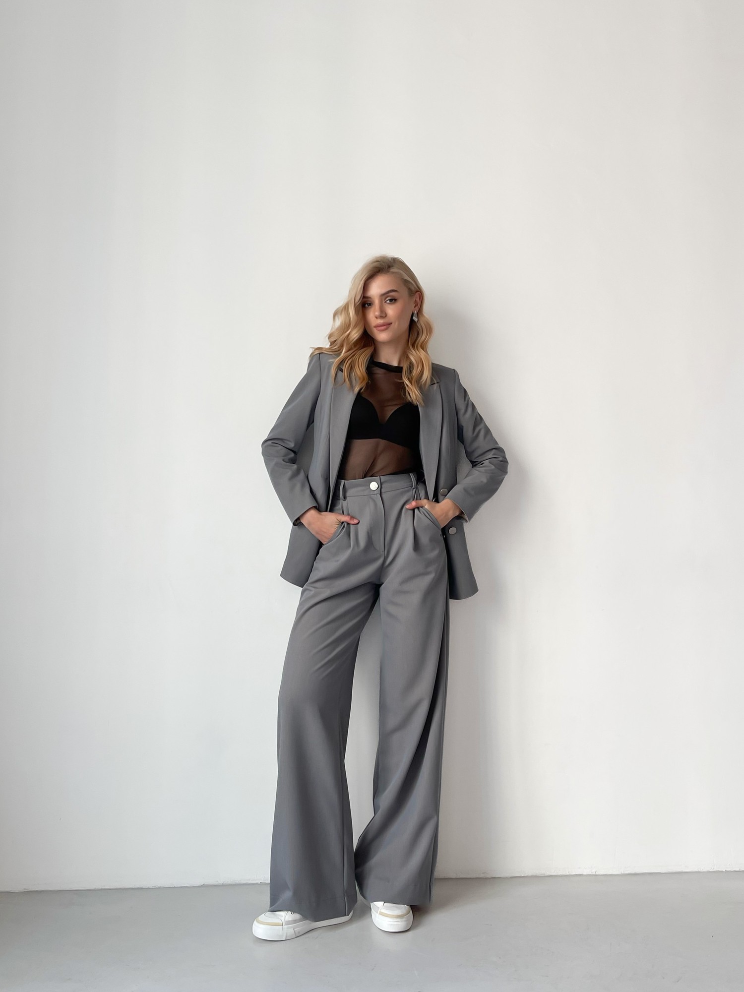 Suit jacket loose fit and maxi palazzo pants grey-blue