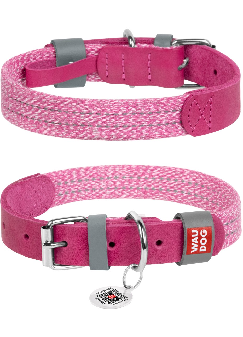 WAUDOG Classic genuine leather and recycled cotton dog collar, L, W 25 mm, L 38-49 cm Pink