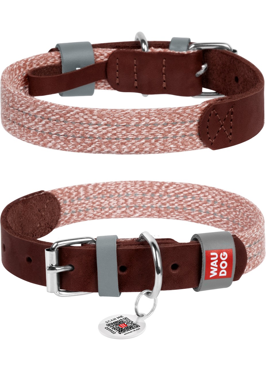 WAUDOG Classic genuine leather and recycled cotton dog collar, L, W 25 mm, L 38-49 cm Brown