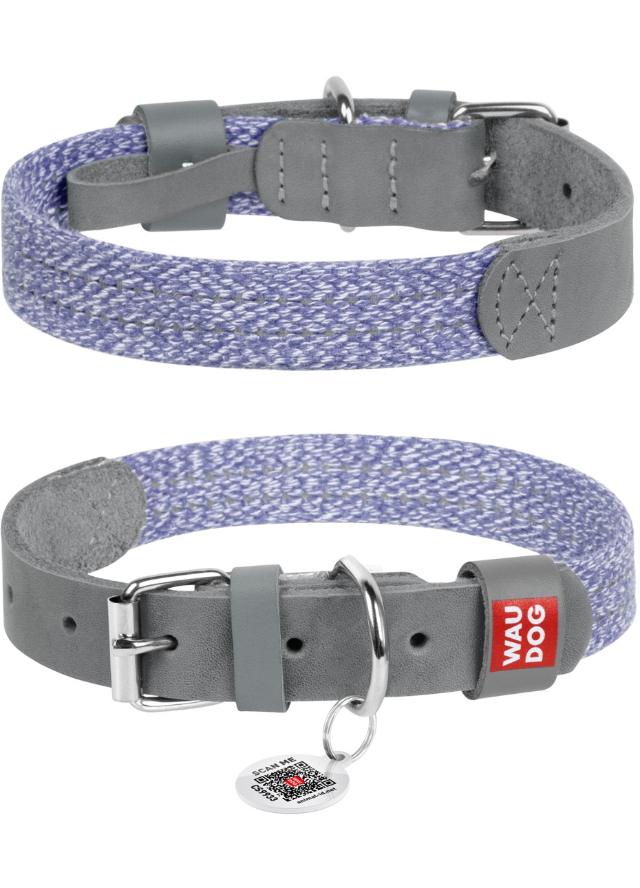 WAUDOG Classic genuine leather and recycled cotton dog collar, S, W 15 mm, L 27-36 cm Grey