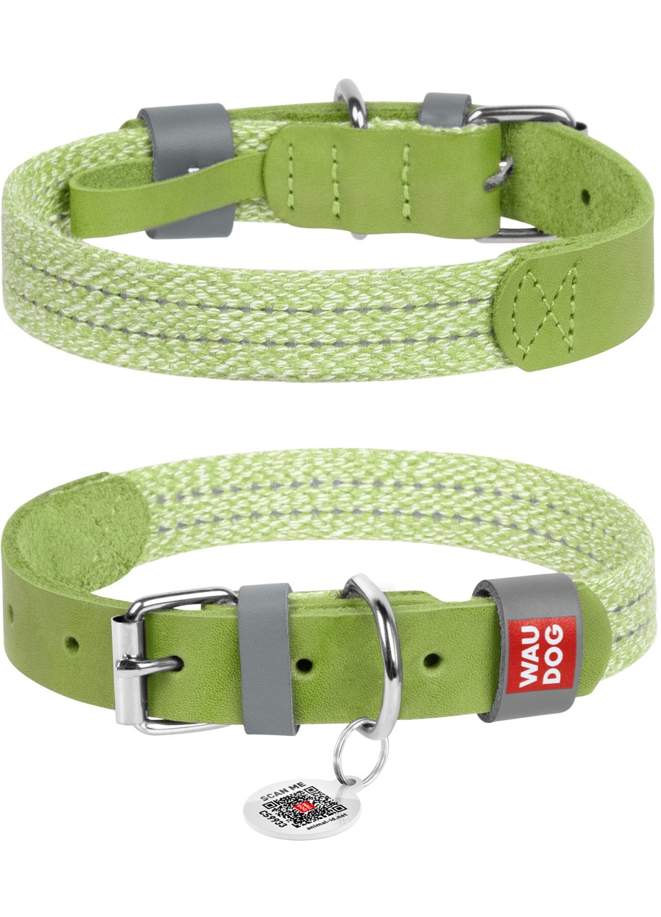 WAUDOG Classic genuine leather and recycled cotton dog collar, S, W 15 mm, L 27-36 cm Green