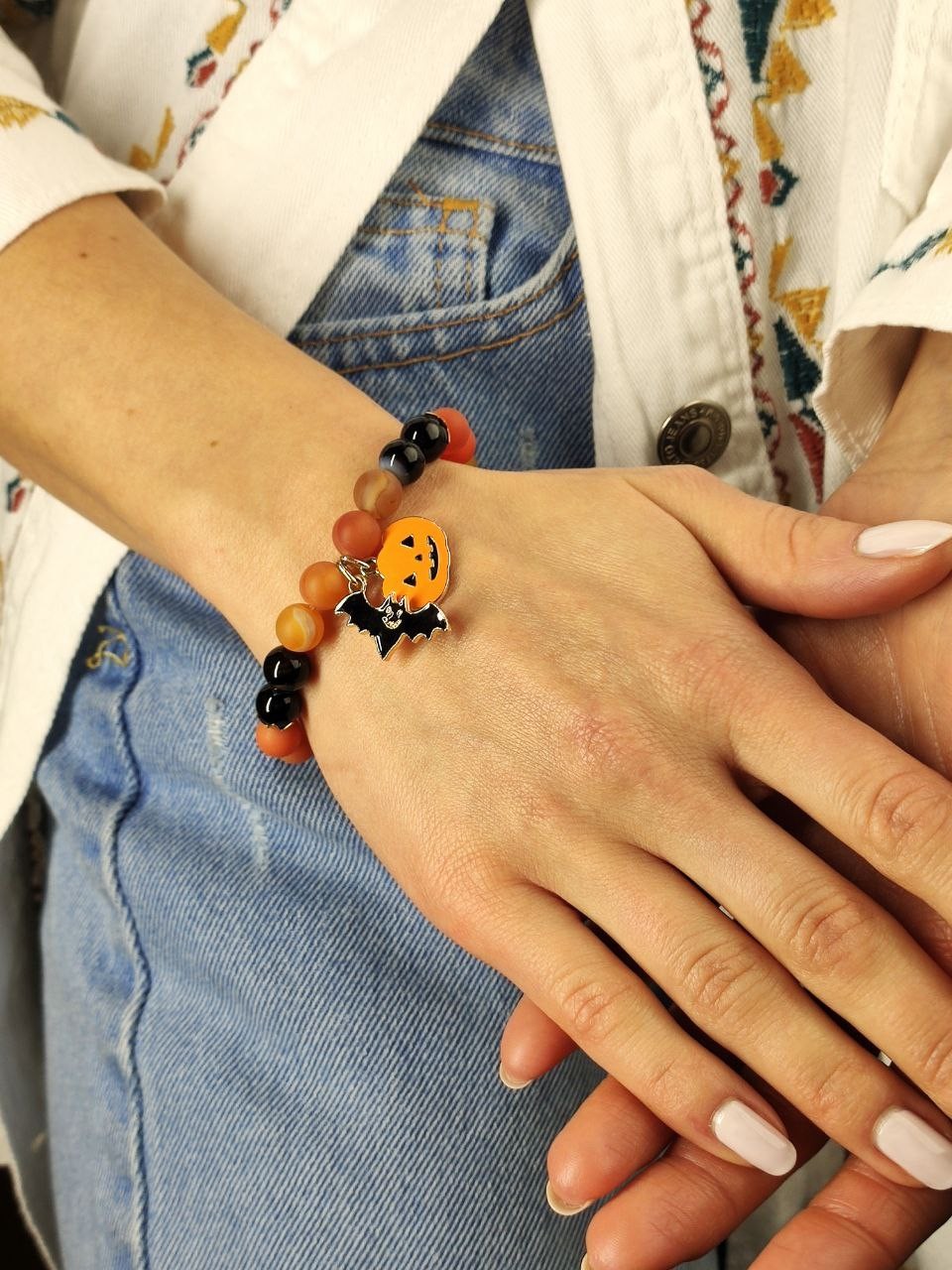 Bracelet with natural minerals and pendant "Bat & Pumpkin"