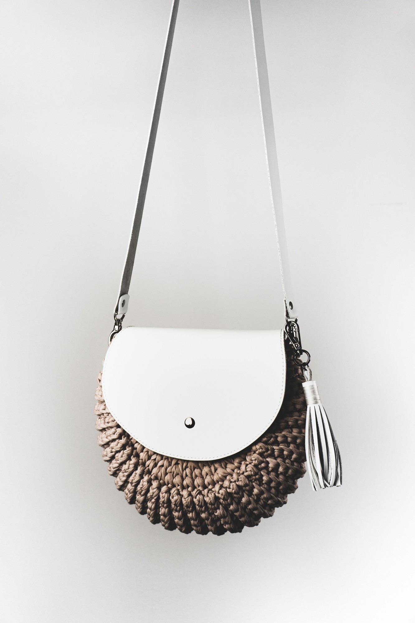 Brown Crochet Round Bag with White Leather Flap
