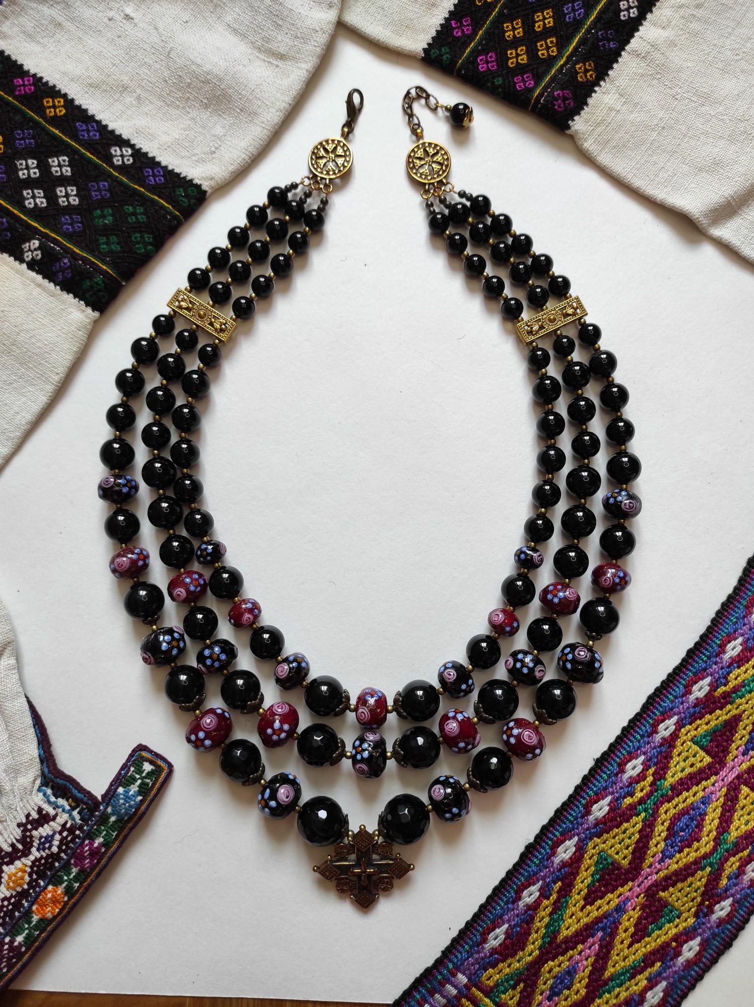 Necklace - zgarda  "Black cherries"  from glass and agate